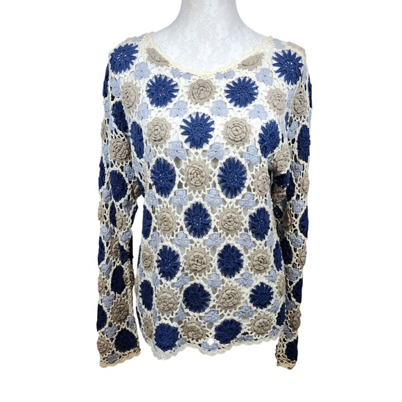 Express Tricot Handknit Crochet Floral Sweater Top Women's Medium Boho Festival - Picture 1 of 9